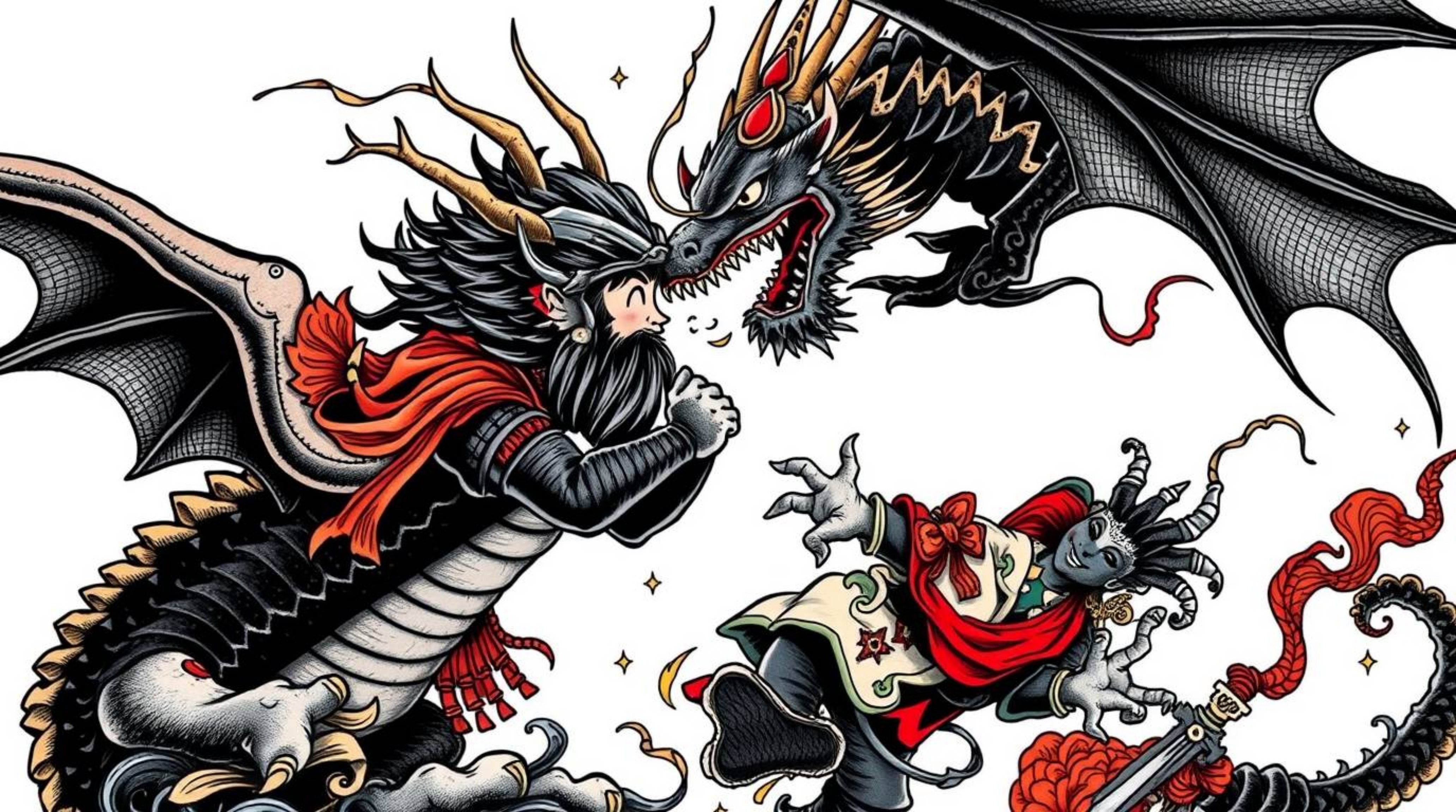 This art print depicts a charming prince locked in an epic battle with a fearsome dragon, rendered in a bold, traditional tat