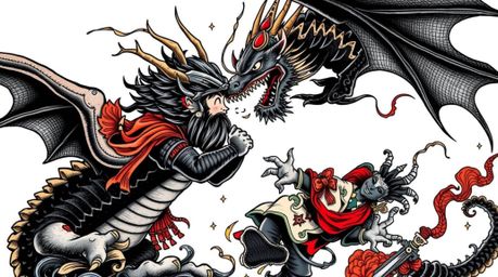 This art print depicts a charming prince locked in an epic battle with a fearsome dragon, rendered in a bold, traditional tat