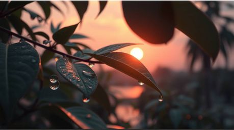 Experience an epic modern future scene featuring a soft pastel sunset reflected beautifully in raindrops on leaves. This imag