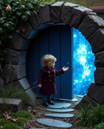 A captivating high-resolution stock photo showcases a sophisticated child stumbling upon a magical portal hidden in their bac