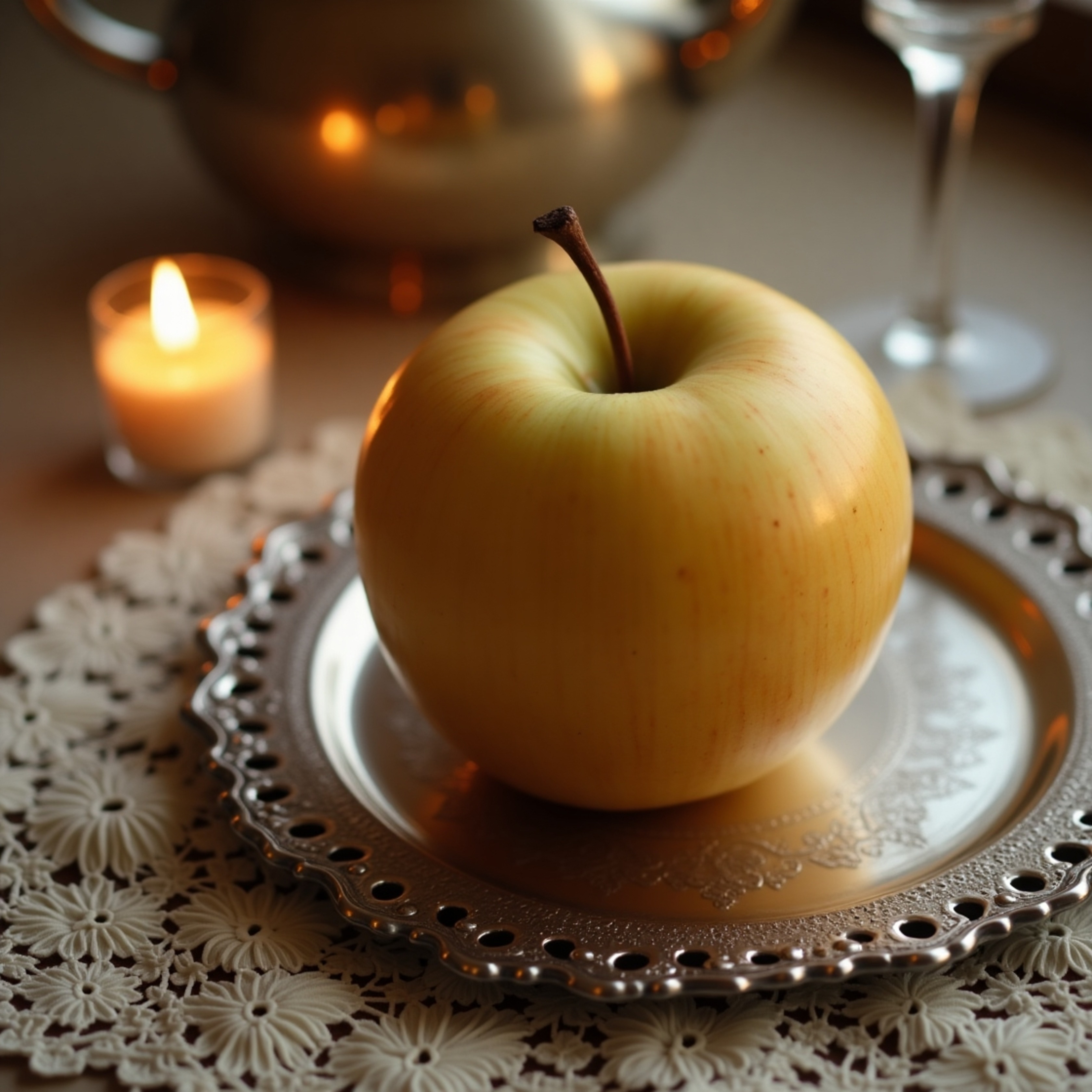 A captivating close-up showcases a flawlessly ripe golden apple, its subtle sheen accentuated by the gentle warmth of candlel