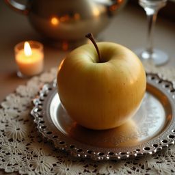 A captivating close-up showcases a flawlessly ripe golden apple, its subtle sheen accentuated by the gentle warmth of candlel