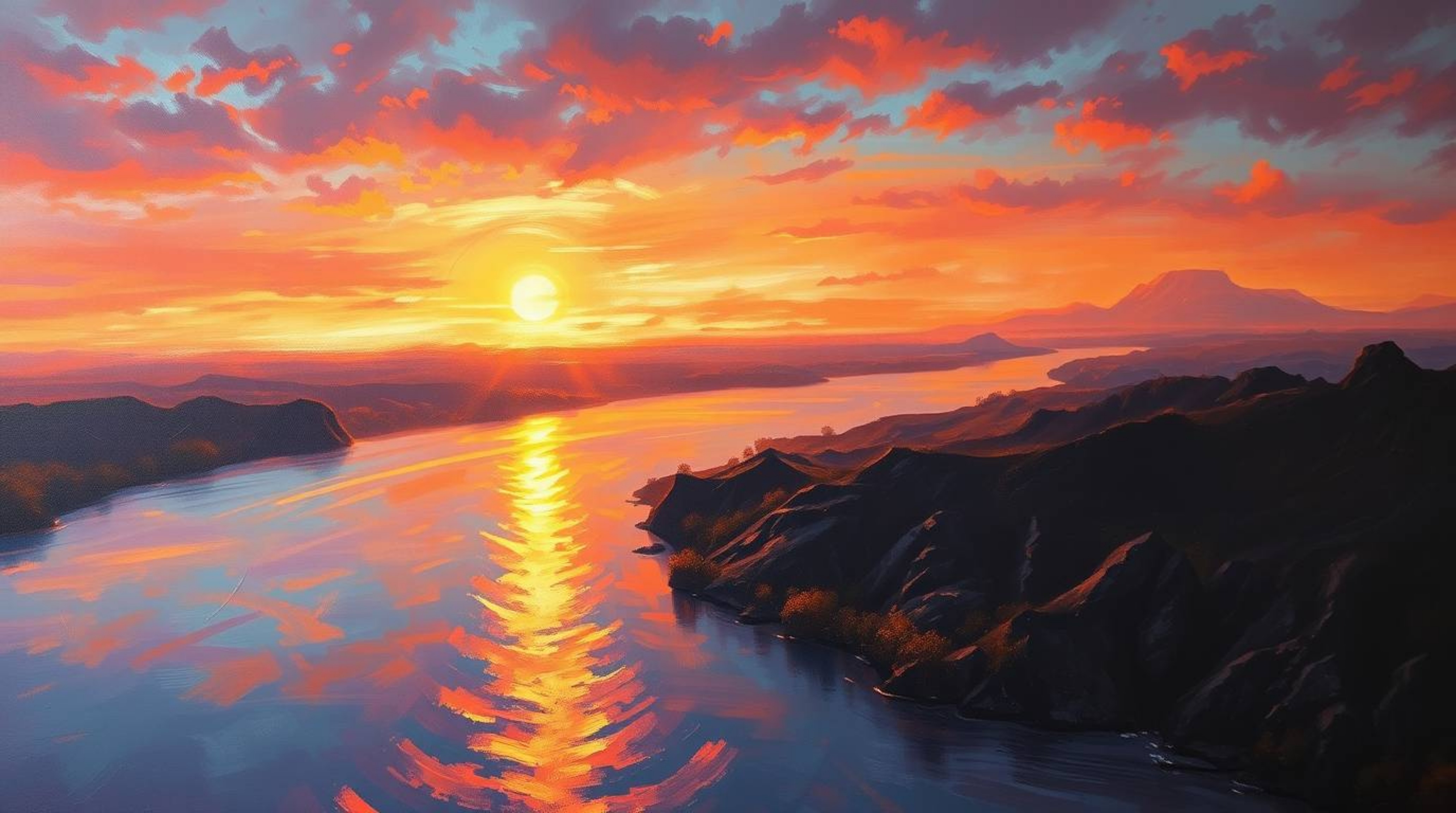 This collection showcases classic oil paintings depicting a river delta bathed in the mesmerizing glow of twilight.  These ar