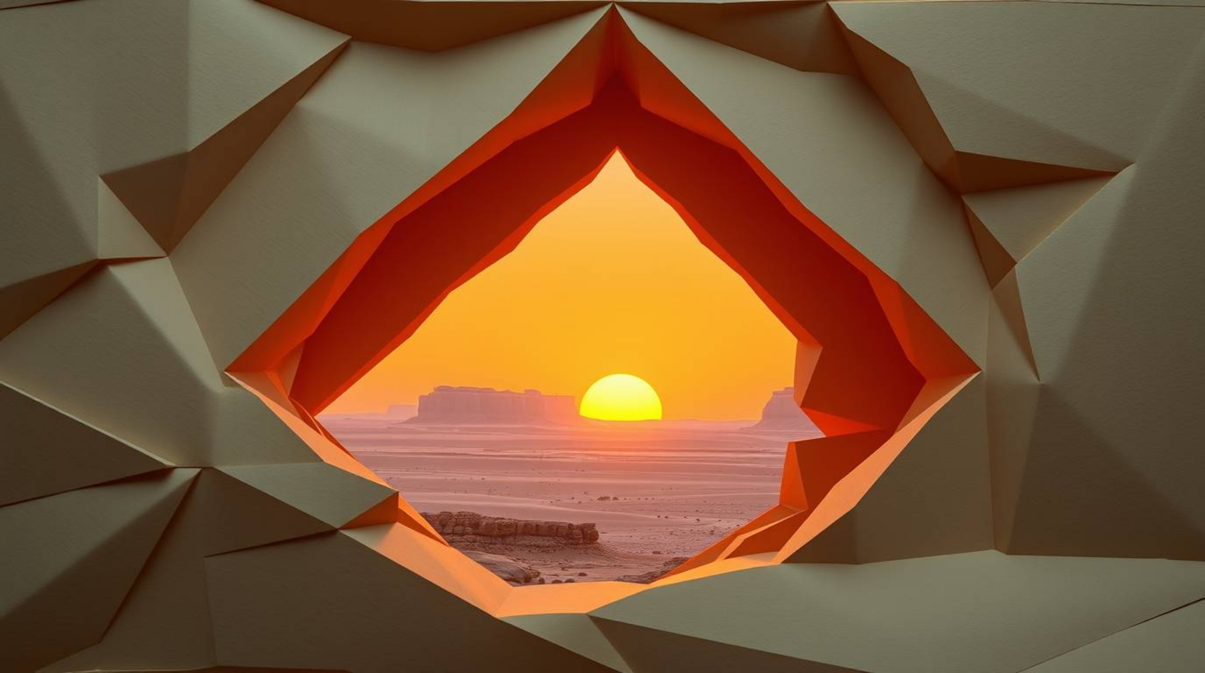 Experience a breathtaking desert sunset framed by a natural rock arch, artistically rendered in an intricate origami style. T
