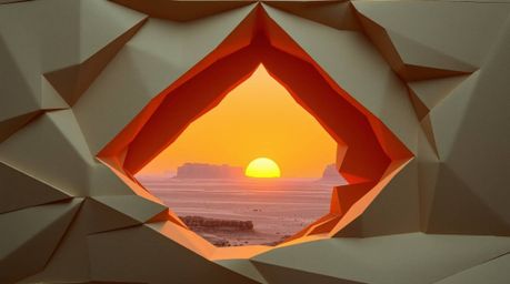 Experience a breathtaking desert sunset framed by a natural rock arch, artistically rendered in an intricate origami style. T