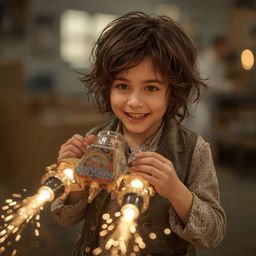 Exquisite high fashion photography captures a young boy with messy brown hair and bright, curious eyes, completely absorbed i