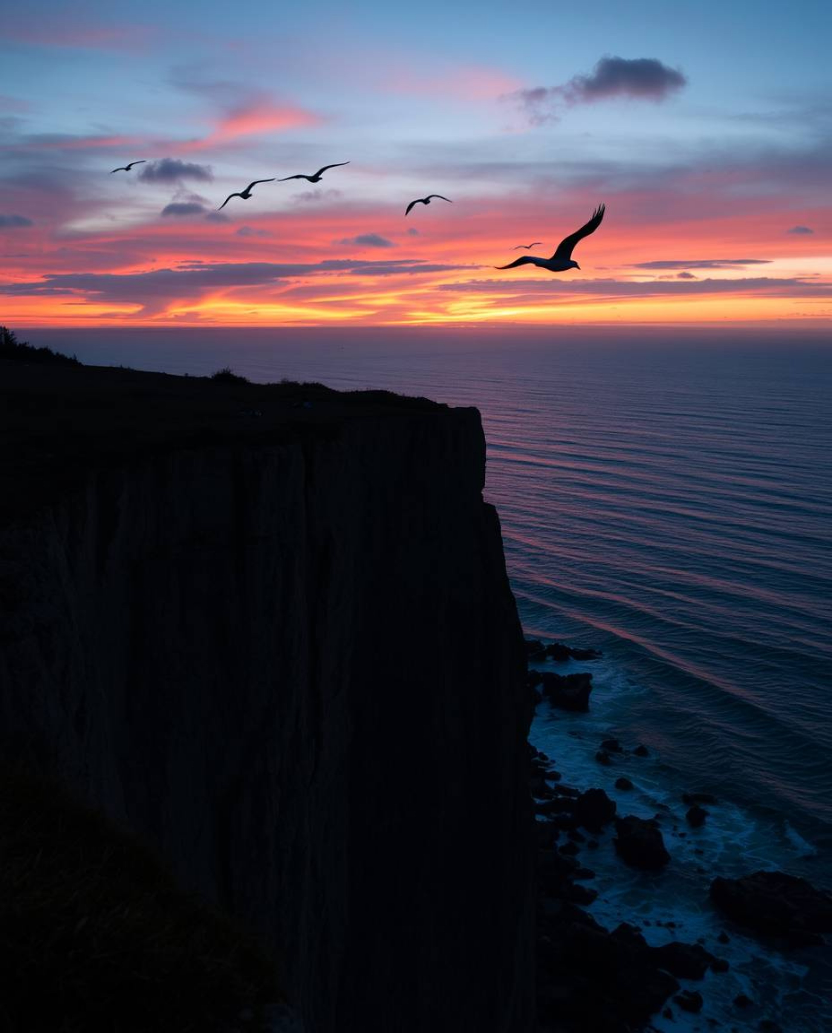This image portrays a fantastical, bioluminescent sunset over a coastal cliff, where soaring birds glow with warm terracotta 
