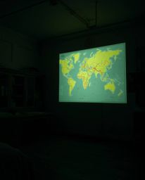 A captivating long-exposure photograph showcases a glowing map projected onto the walls of an old study.  Hard light and stro