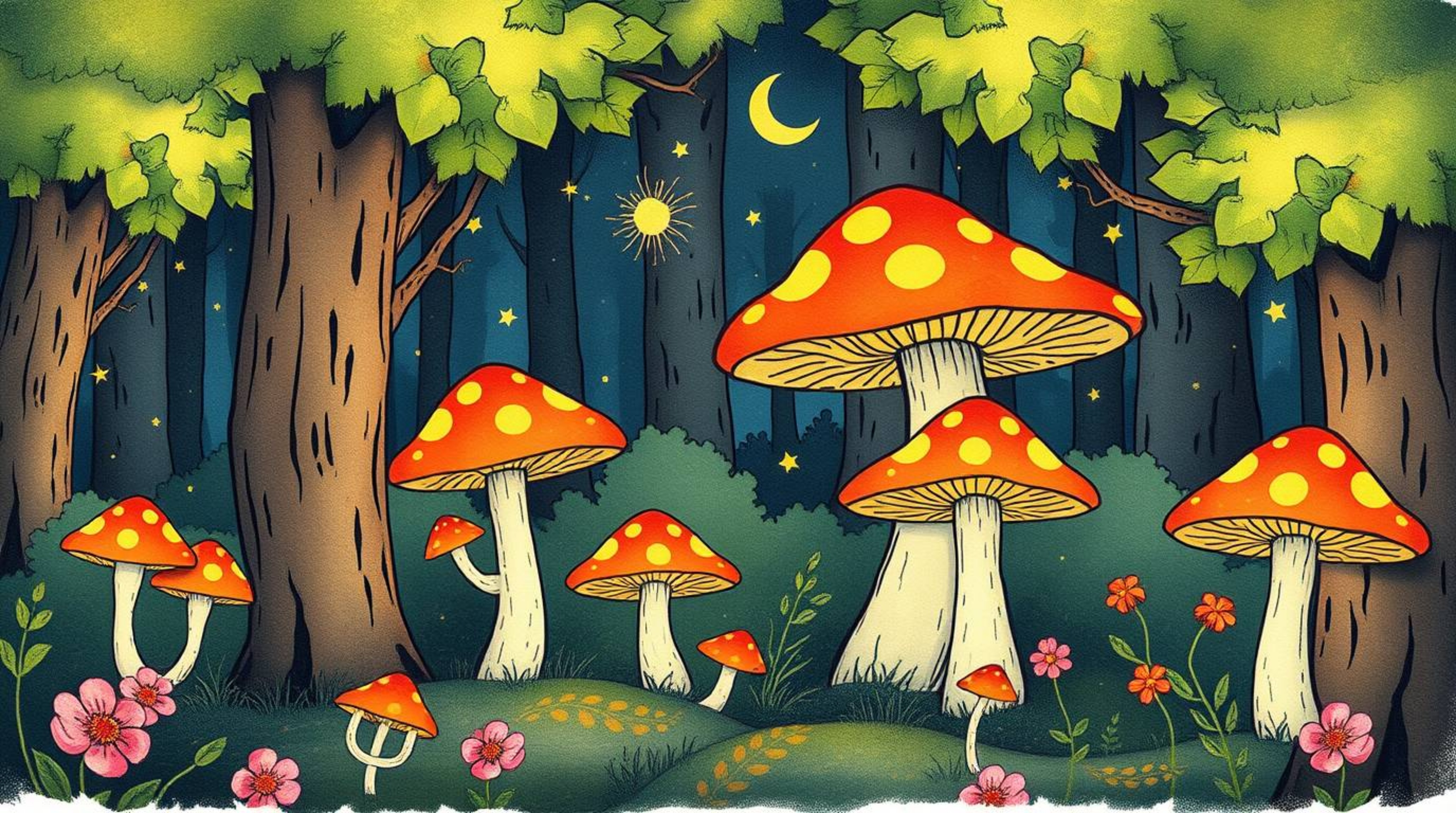 Explore a hand-drawn, vintage-style enchanted forest sketchnote featuring adorable colors and glowing mushrooms. This charmin