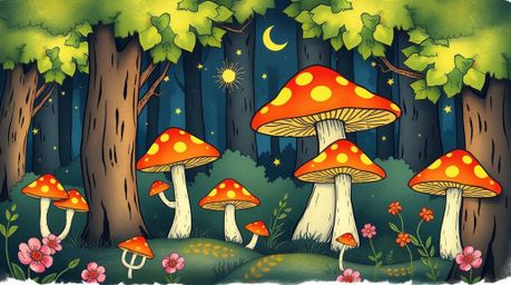 Explore a hand-drawn, vintage-style enchanted forest sketchnote featuring adorable colors and glowing mushrooms. This charmin