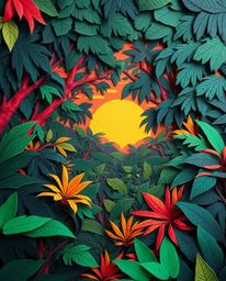A high-angle perspective illustration of a sunset view through a dense jungle canopy, uniquely crafted from layered papier-mâ
