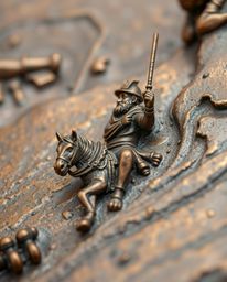 An extreme close-up macro photograph reveals intricate details of a cast bronze sculpture depicting a brave hero in a Disney-