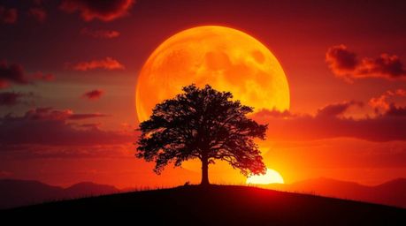 A lone tree stands silhouetted on a hill against a massive, fiery sunset, showcasing vibrant complementary colors and lens gl