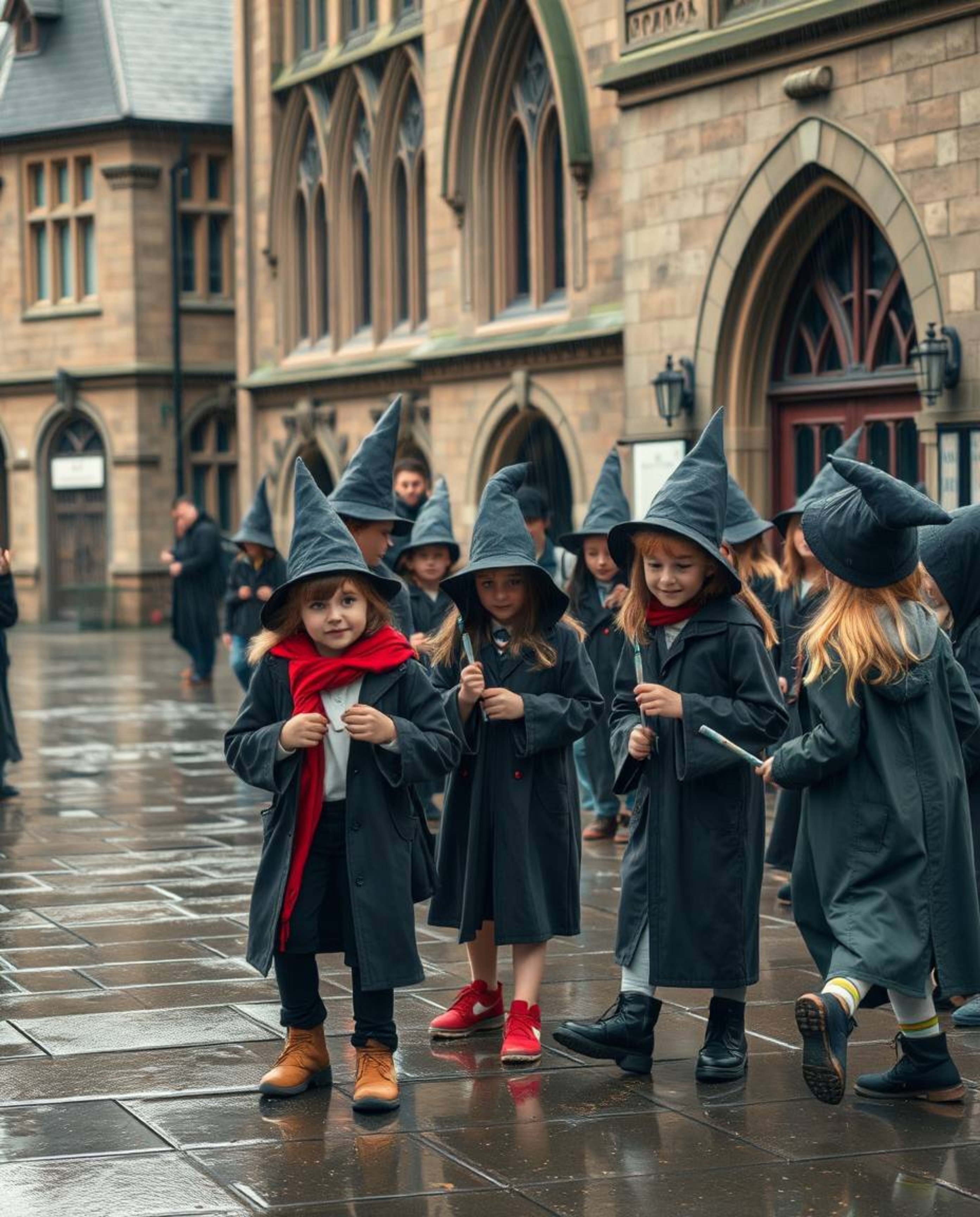 Capture the whimsical charm of a magical school brimming with young wizards in an urban setting. This candid street photograp