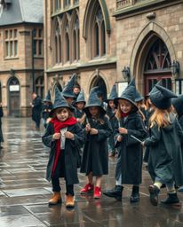Capture the whimsical charm of a magical school brimming with young wizards in an urban setting. This candid street photograp