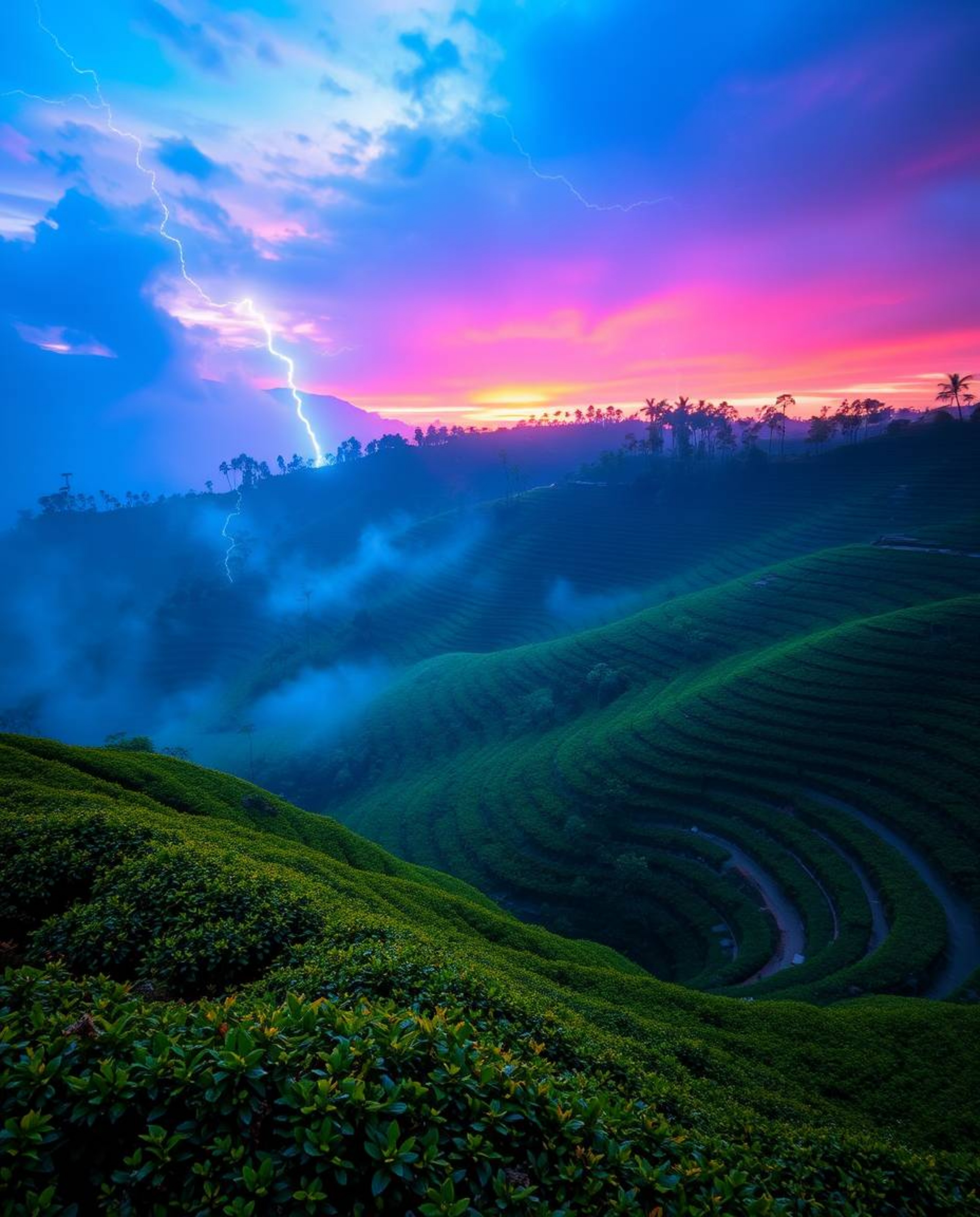This artwork portrays an electric, vivid sunset over terraced tea plantations, creating a mystic and enchanting environment. 