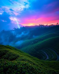 This artwork portrays an electric, vivid sunset over terraced tea plantations, creating a mystic and enchanting environment. 