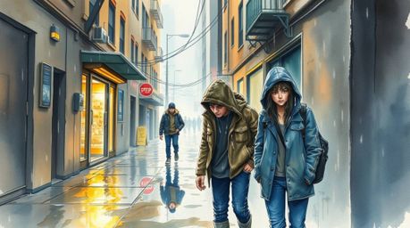 A captivating watercolor painting showcases a grungy city alleyway during a rainy day, featuring rebellious teenagers.  The a