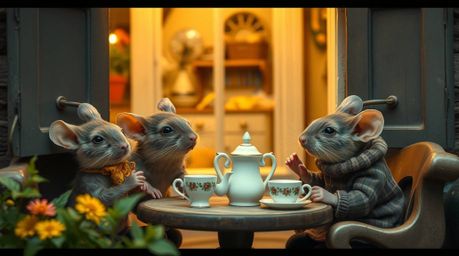 A charming series of candid street photographs captures the whimsical world of anthropomorphic mice enjoying a delightful tea