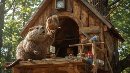 A highly detailed, high-resolution stock photo captures a busy beaver constructing the ultimate treehouse sanctuary for orpha