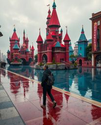 A captivating street photography image capturing a colorful kingdom with floating islands and castles, rendered in rich burgu