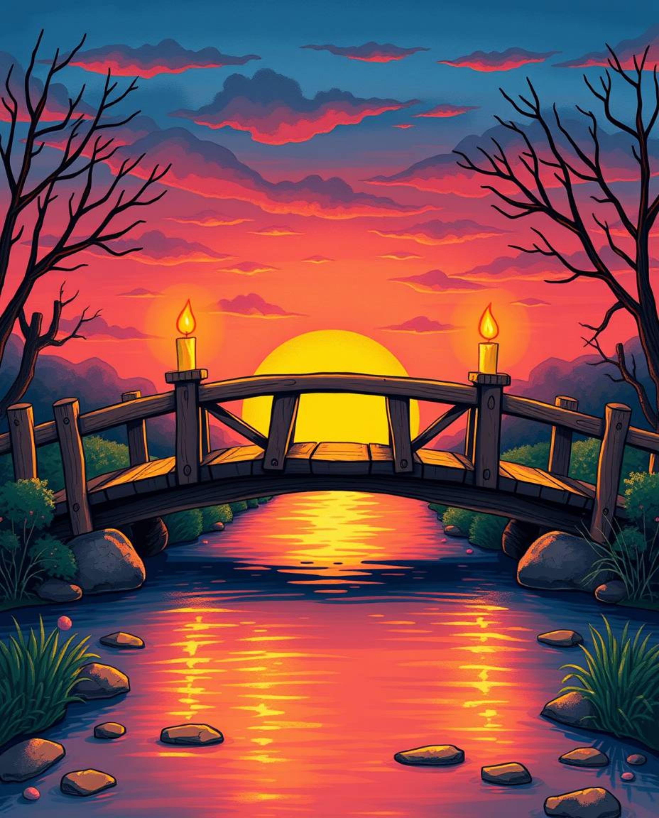 A charming and cute illustration depicts an old wooden bridge over a river at sunset. The scene is illuminated by the warm gl
