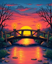 A charming and cute illustration depicts an old wooden bridge over a river at sunset. The scene is illuminated by the warm gl