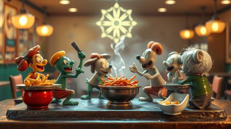 A chaotic yet beautiful scene unfolds: a cartoon cafeteria food fight immortalized on cast bronze. The artwork exhibits a sur