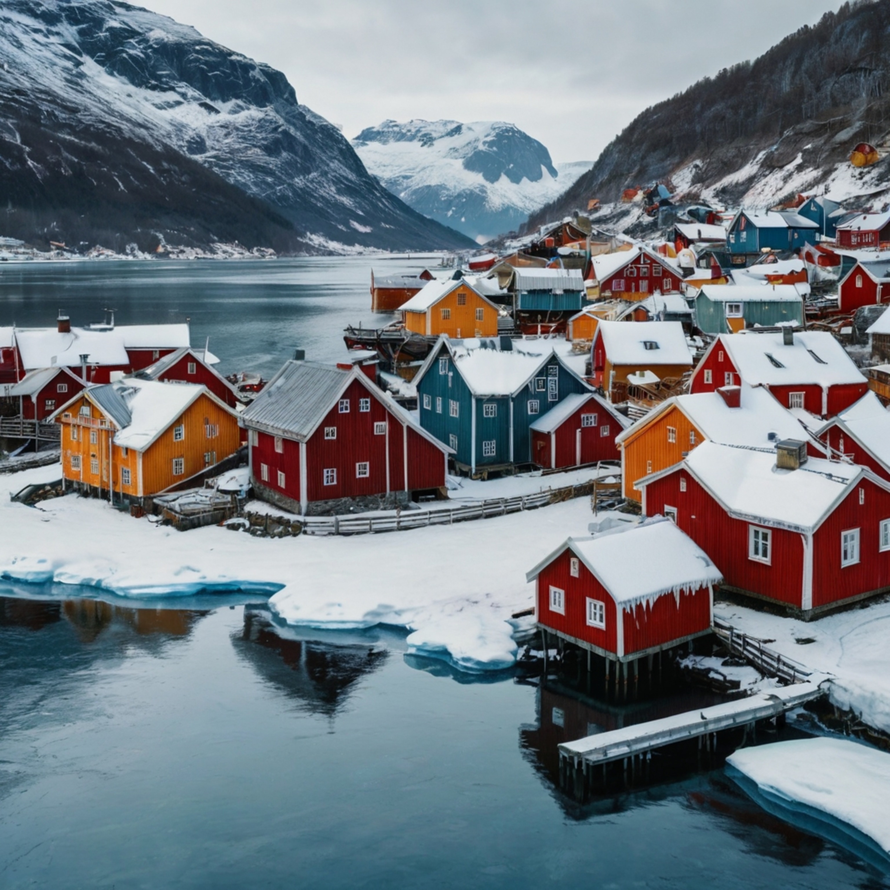 Discover a charming Scandinavian village, a picturesque scene straight out of a storybook. Imagine colorful wooden houses ne