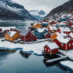 Discover a charming Scandinavian village, a picturesque scene straight out of a storybook. Imagine colorful wooden houses ne