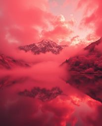 A surreal infrared image captures the fiery cloud reflections in a mountain lake, where low visibility and thick fog create a