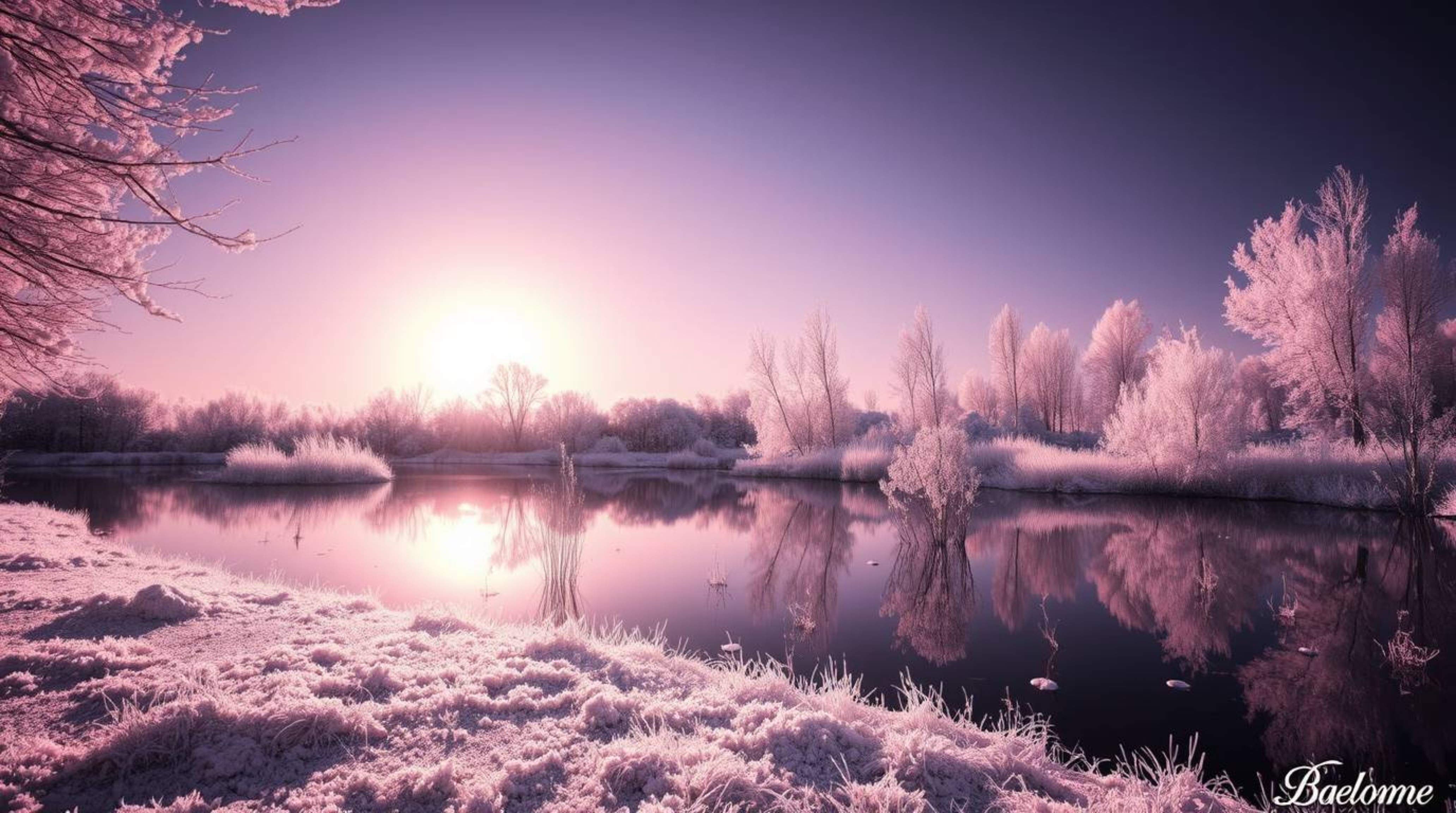 A captivating surreal infrared image showcases a tranquil pond mirroring a vibrant sunset.  The silhouette against a light so