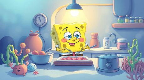 Immerse yourself in a soothing underwater scene featuring a charming sponge character cooking in a softly lit kitchen. Bathed