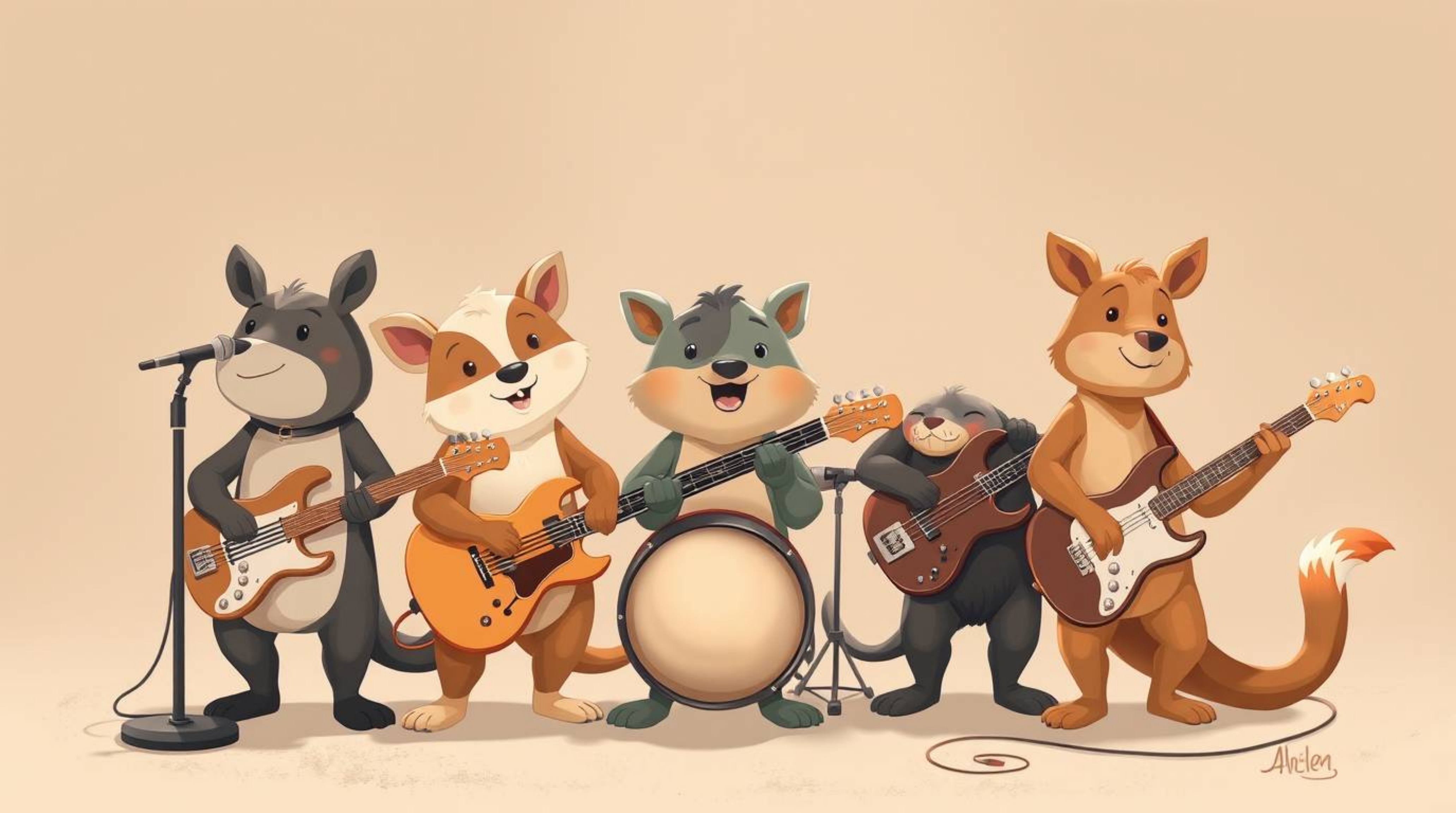 Discover a captivating image of a rock band composed of charming cartoon animals. Rendered in a classic cartoon style with a 