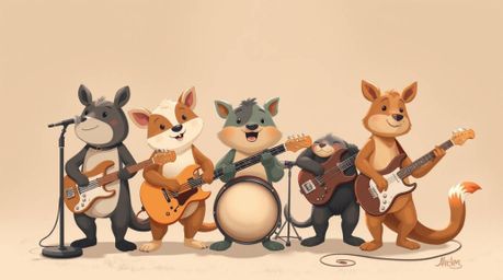 Discover a captivating image of a rock band composed of charming cartoon animals. Rendered in a classic cartoon style with a 