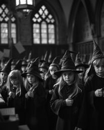 Discover a captivating black and white photograph of a magical school brimming with young wizards.  The image features a blur