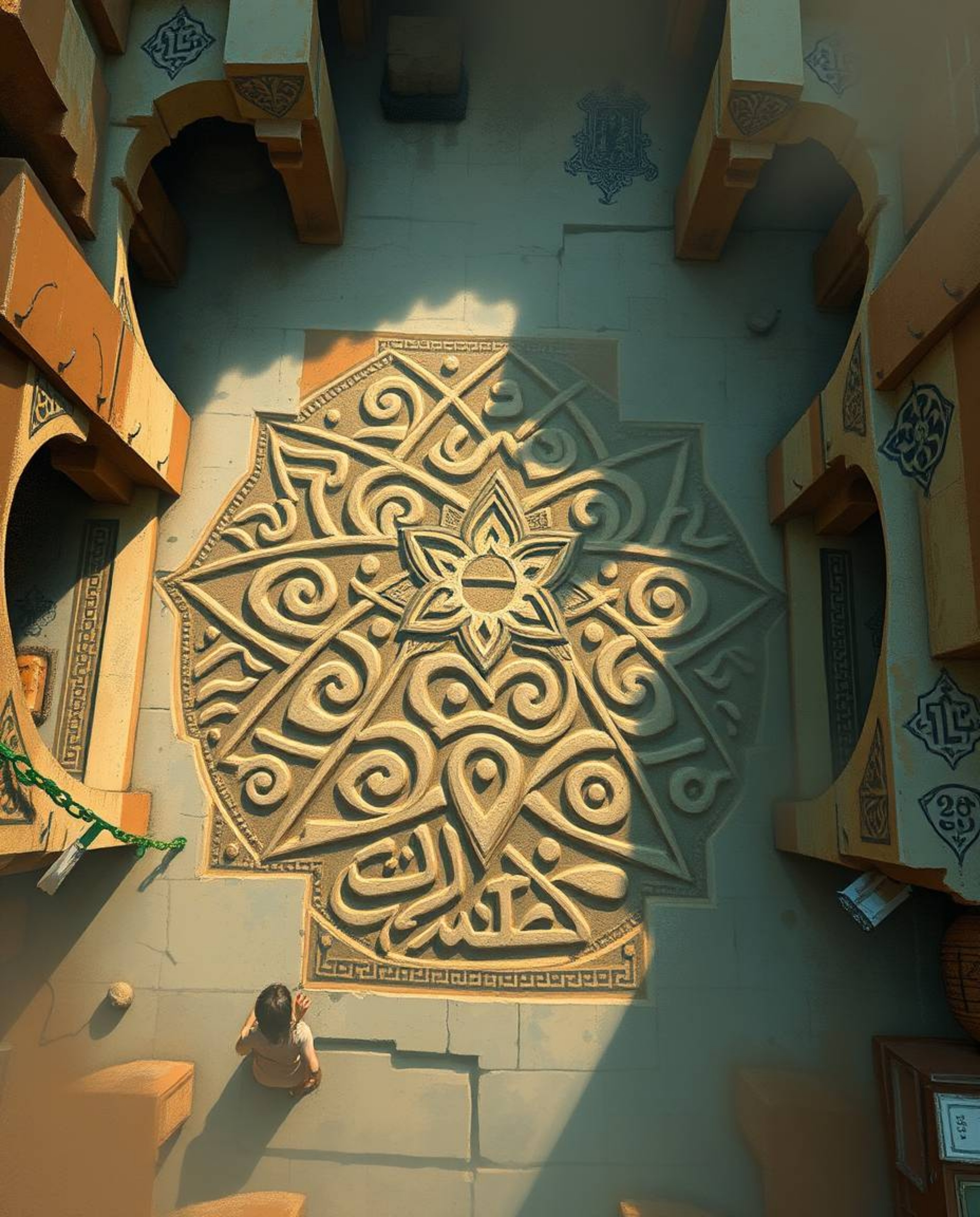 Experience a mesmerizing bird's-eye view of intricately detailed Islamic geometric patterns carved in stone, rendered as a dy