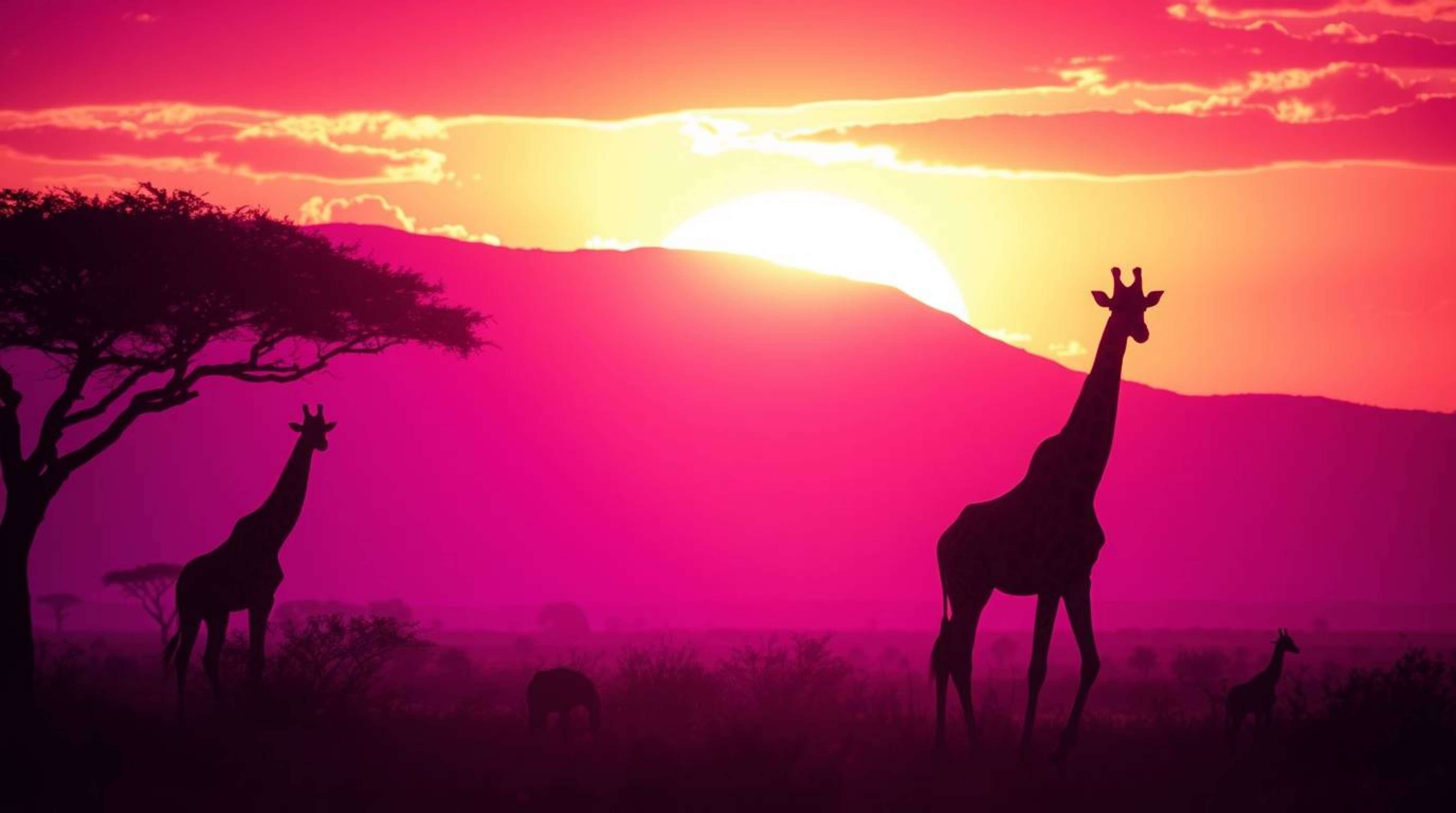 Experience the breathtaking beauty of a vivid purple and golden hour sunset over the savanna.  Silhouetted giraffes stand gra
