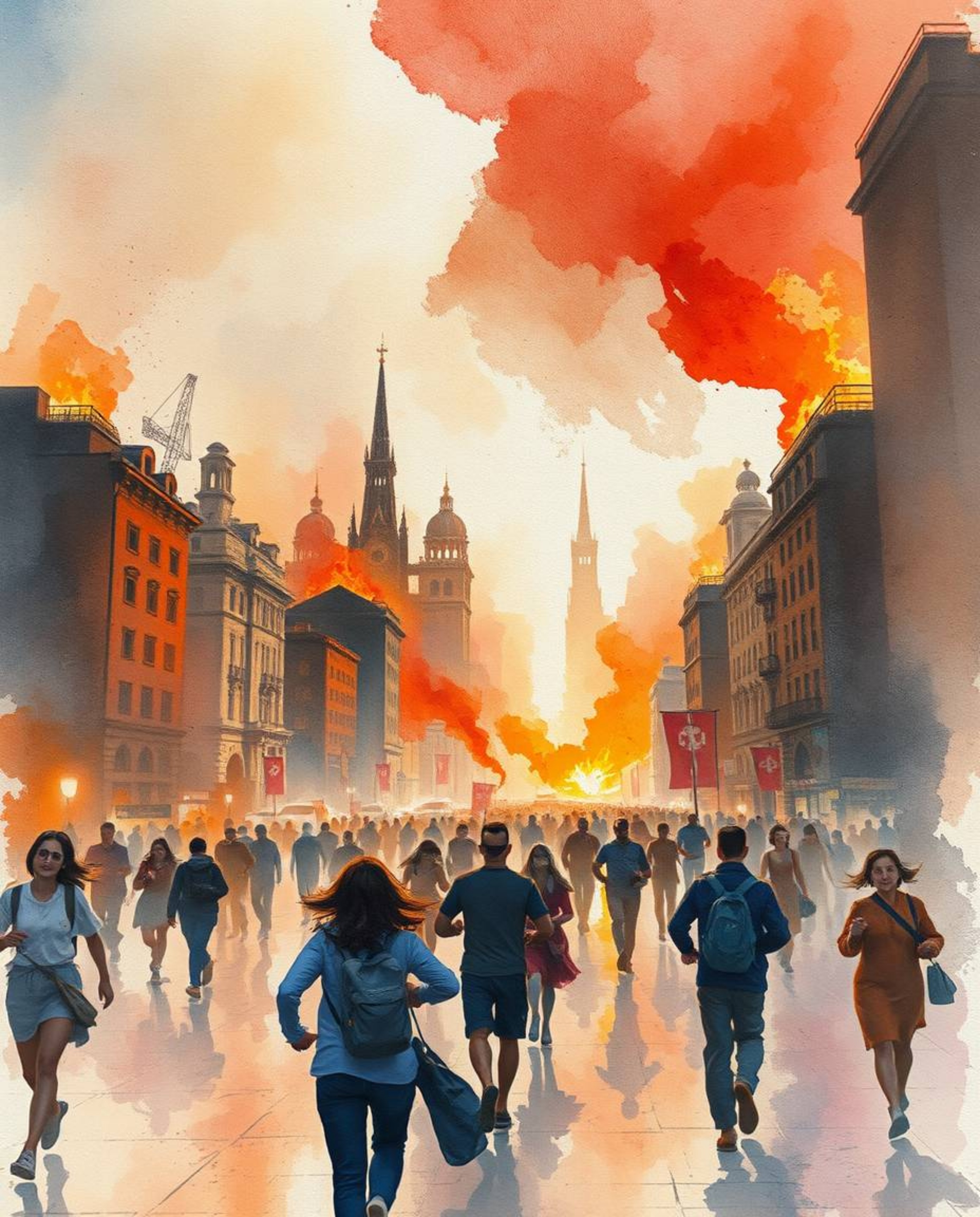 This stunning watercolor painting depicts a city engulfed in flames, captured with a dramatic, cinematic style.  People are s