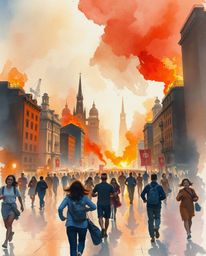 This stunning watercolor painting depicts a city engulfed in flames, captured with a dramatic, cinematic style.  People are s