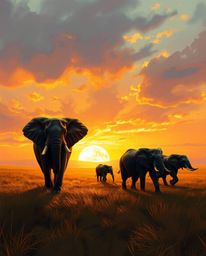 This is a unique digital painting of elephants walking across a field at sunset, distinguished by a cast bronze texture and a