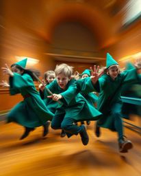 Explore a dynamic world of young wizards in motion at a magical school. This artwork features a vibrant contrast of warm terr