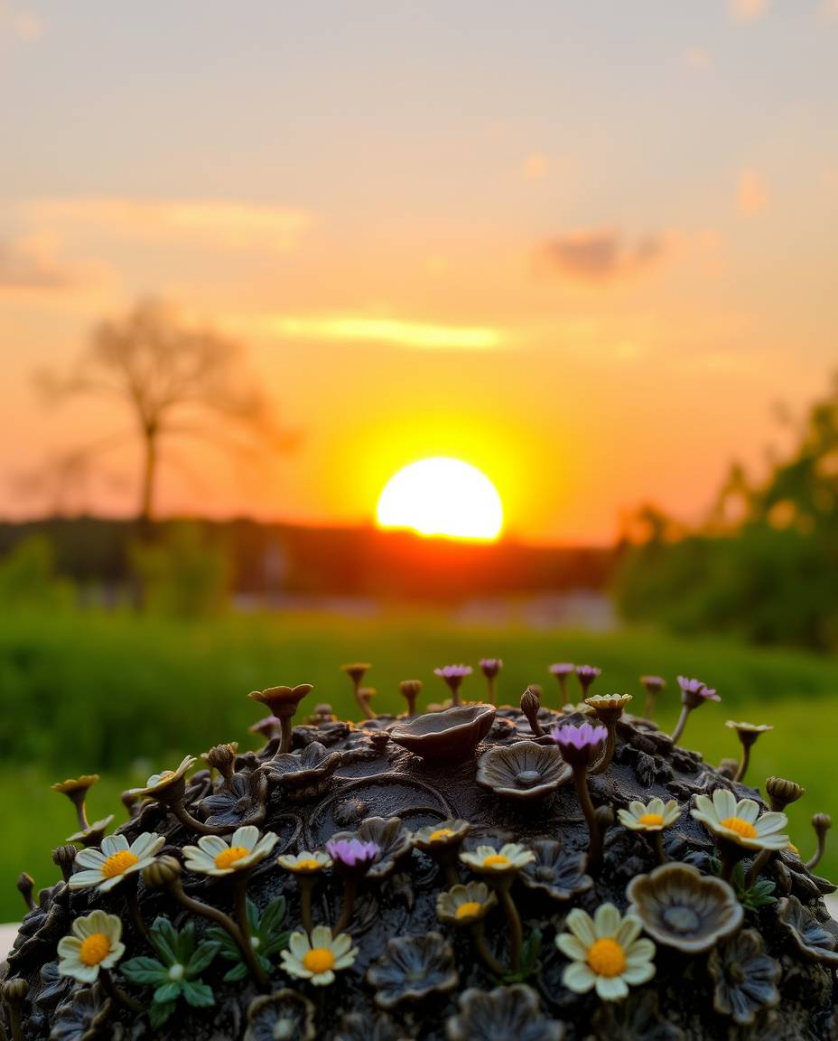 Discover a captivating cast bronze sculpture depicting a serene sunset over a lush spring wildflower meadow. This piece is ac