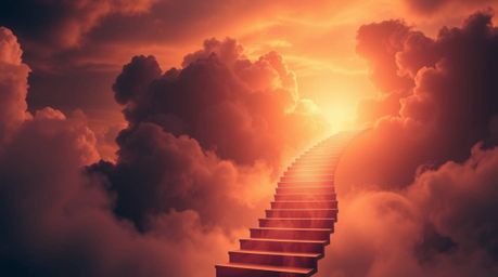 A sophisticated and elegant image depicting a winding stairway formed from smoke and light, ascending into a vast and cloudy 