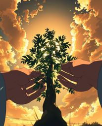 Immerse yourself in an isekai anime style scene featuring a low-angle view of hands carefully planting a tree under a breatht