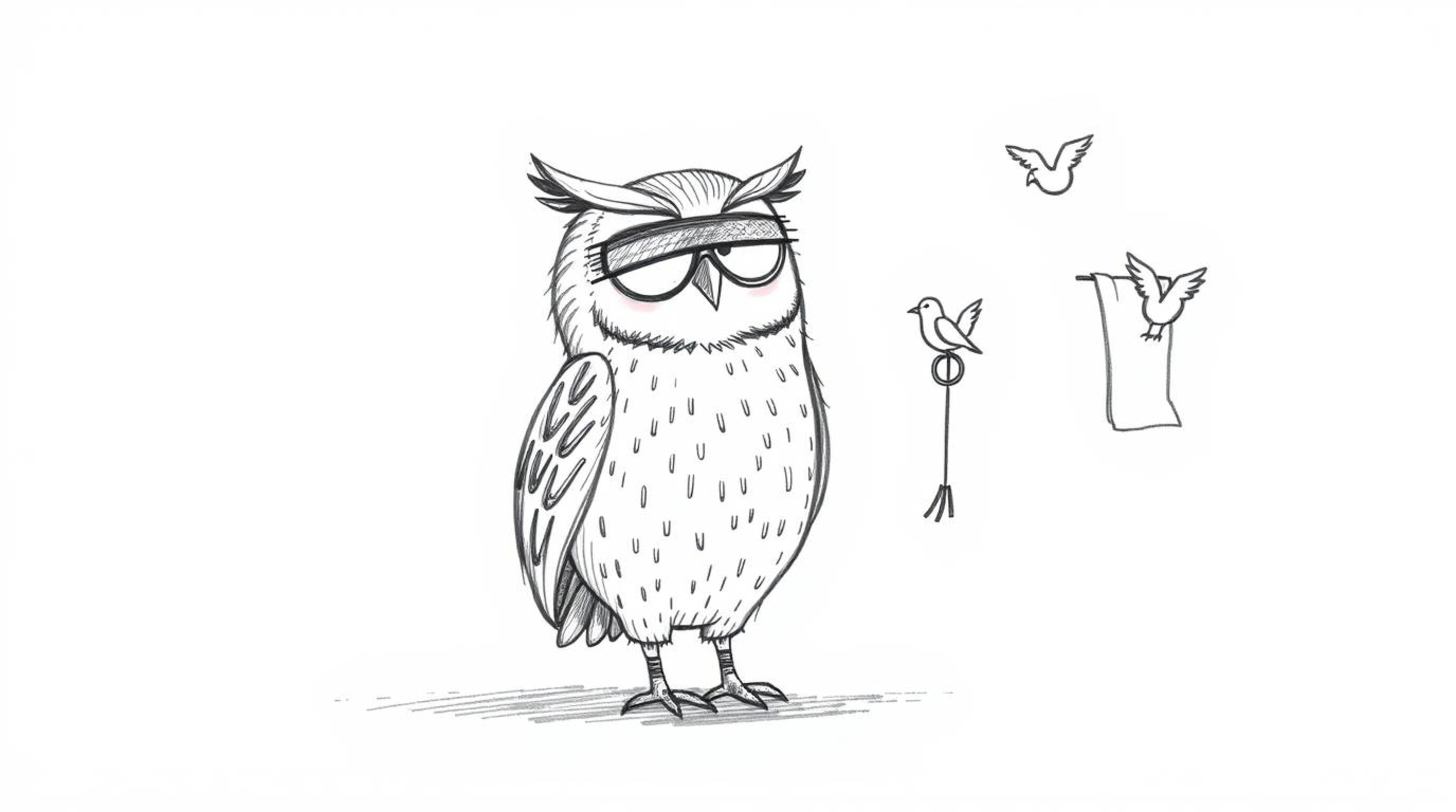 A heartwarming hand-drawn sketch in the style of Pixar depicts a blind owl, rendered with textured pencil strokes against a c