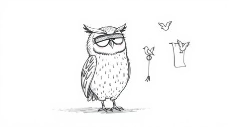 A heartwarming hand-drawn sketch in the style of Pixar depicts a blind owl, rendered with textured pencil strokes against a c