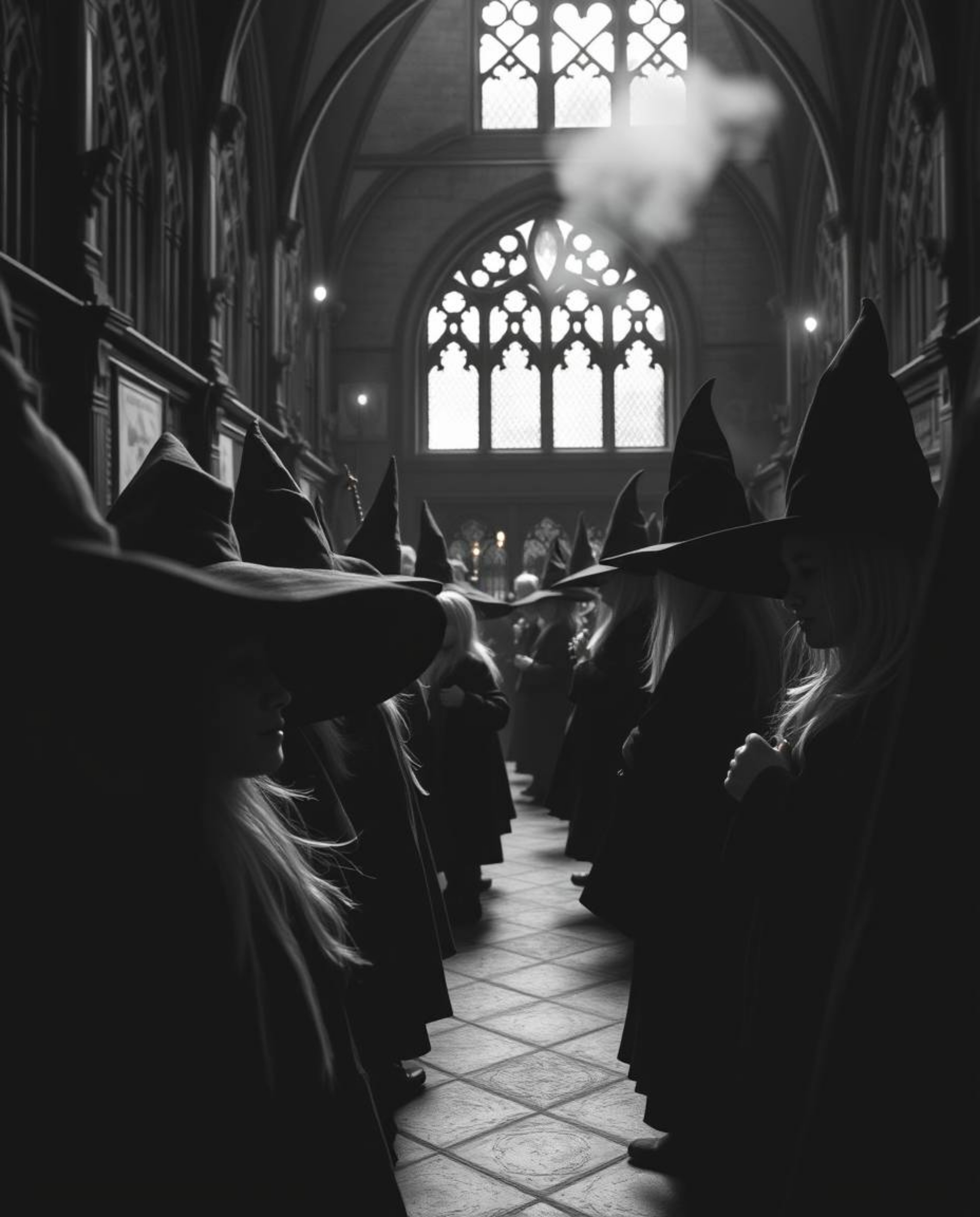 Explore the timeless elegance of a magical school through a classic black and white, high contrast close-up shot. This image 