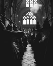 Explore the timeless elegance of a magical school through a classic black and white, high contrast close-up shot. This image 