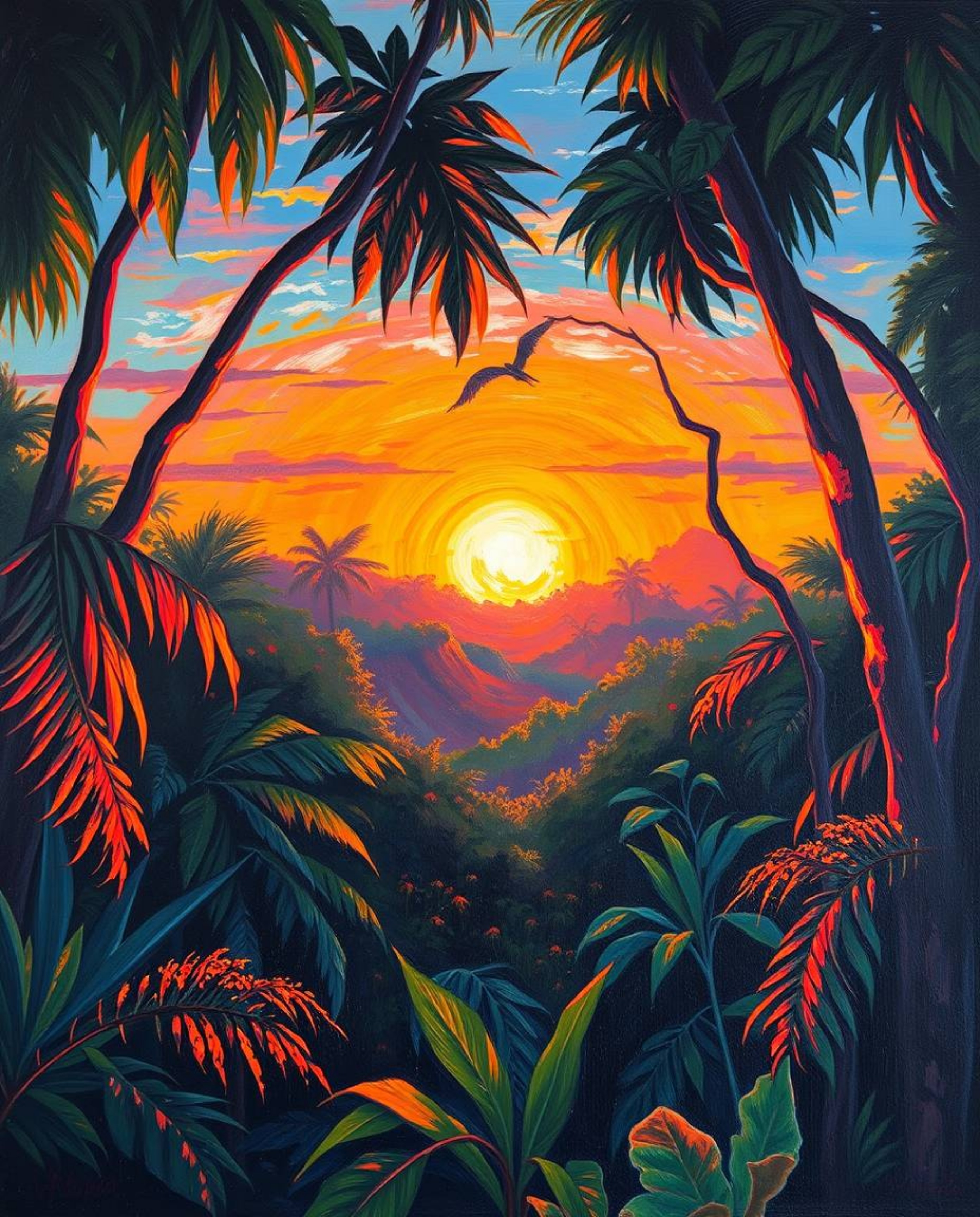 A high-angle perspective photograph that showcases a sunset filtering through a dense jungle canopy. The scene is bathed in a